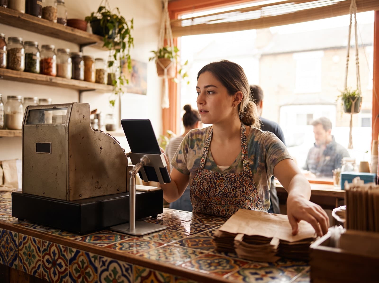 A counter worker checking a new order on a phone beside the till.