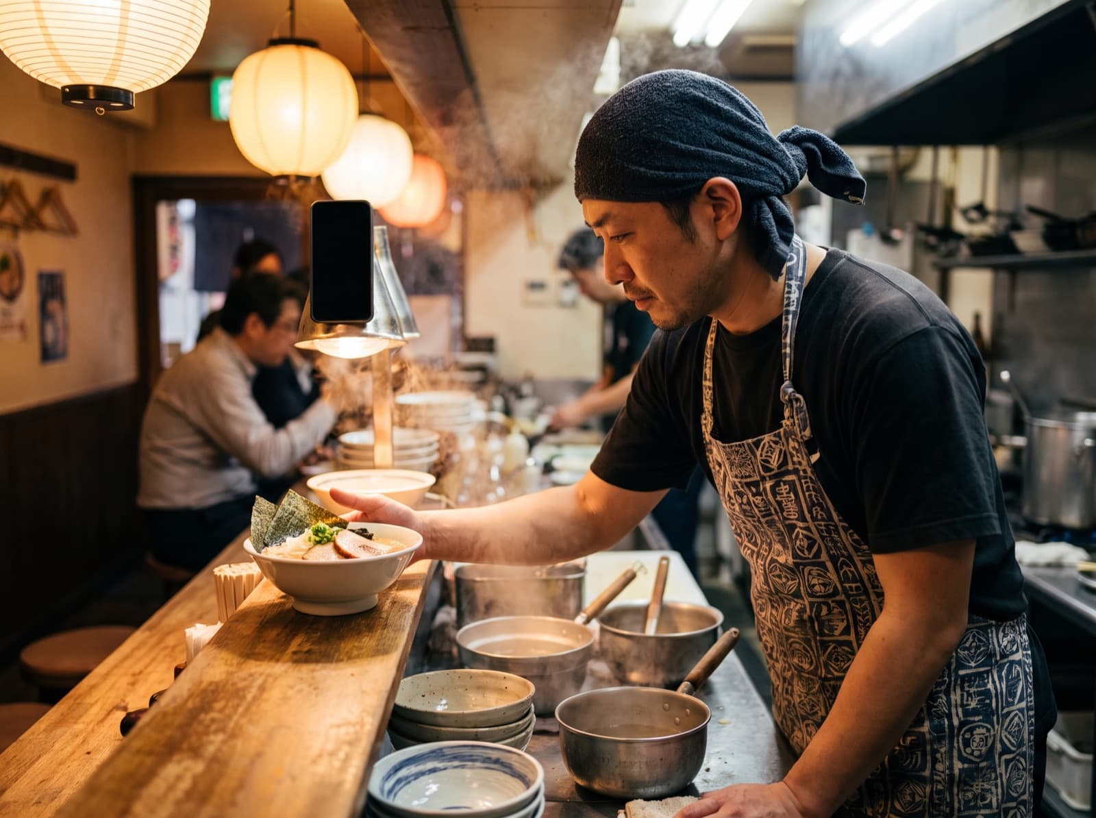 A ramen shop owner checking an incoming order on his phone at the pass.